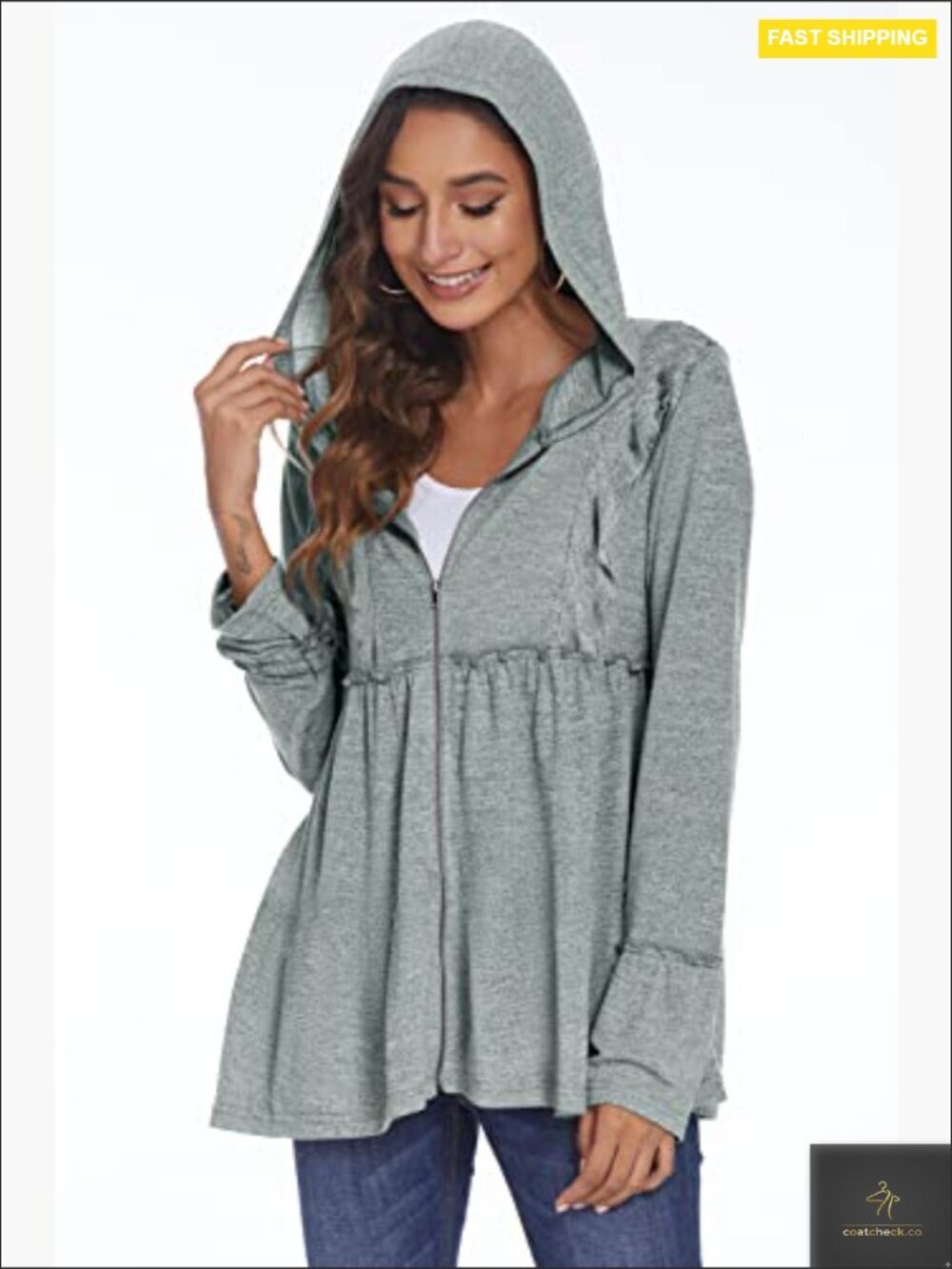Pleated Tiered Zip Up Hoodie Women Casual Lightweight Long Sleeve Jacket - Picture 3 of 7